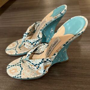 Jimmy Choo Turquoise Patterned Wedge Thong Sandals